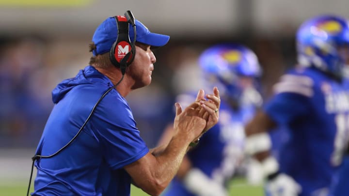 Kansas Jayhawks head coach Lance Leipold reacts to a play during the game between Fresno State and Kansas at David Booth Kansas Memorial Stadium on Aug. 23, 2025.