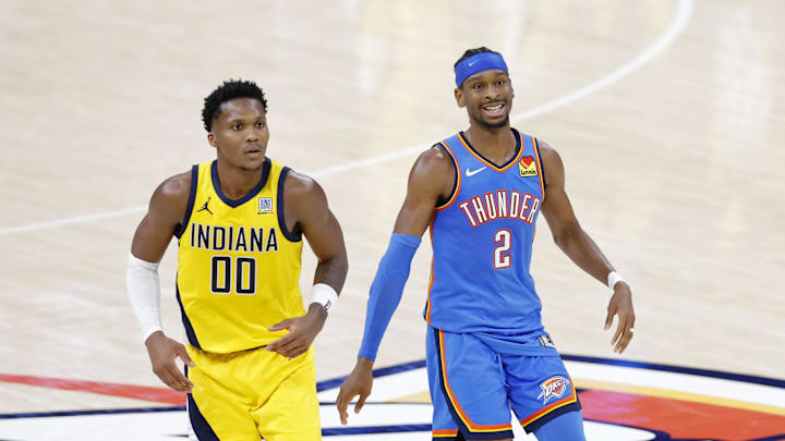 Jun 22, 2025; Oklahoma City, Oklahoma, USA; Oklahoma City Thunder guard Shai Gilgeous-Alexander (2) reacts after a play against the Indiana Pacers during the second half of game seven of the 2025 NBA Finals at Paycom Center. Mandatory Credit: Alonzo Adams-Imagn Images