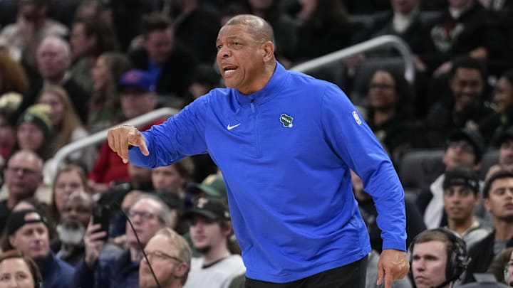 Dec 26, 2024; Milwaukee, Wisconsin, USA; Milwaukee Bucks head coach Doc Rivers calls out during the second quarter against the Brooklyn Nets at Fiserv Forum. Mandatory Credit: Jeff Hanisch-Imagn Images Dec 26, 2024; Milwaukee, Wisconsin, USA; Milwaukee Bucks head coach Doc Rivers calls out during the second quarter against the Brooklyn Nets at Fiserv Forum. Mandatory Credit: Jeff Hanisch-Imagn Images