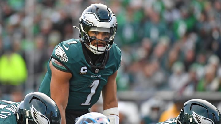 Dec 8, 2024; Philadelphia, Pennsylvania, USA; Philadelphia Eagles quarterback Jalen Hurts (1) against the Carolina Panthers at Lincoln Financial Field. Mandatory Credit: Eric Hartline-Imagn Images Dec 8, 2024; Philadelphia, Pennsylvania, USA; Philadelphia Eagles quarterback Jalen Hurts (1) against the Carolina Panthers at Lincoln Financial Field. Mandatory Credit: Eric Hartline-Imagn Images