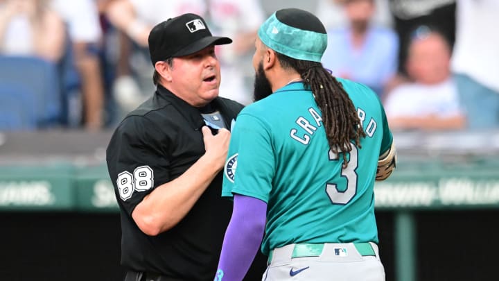 Seattle Mariners shortstop J.P. Crawford (3) argues with umpire Doug Eddings (88) after a strike out during the fifth inning against the Cleveland Guardians at Progressive Field on June 19. Seattle Mariners shortstop J.P. Crawford (3) argues with umpire Doug Eddings (88) after a strike out during the fifth inning against the Cleveland Guardians at Progressive Field on June 19.