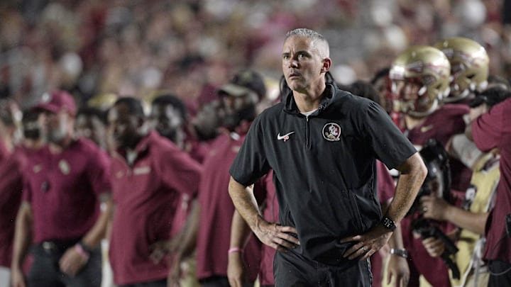 Oct 5, 2024; Tallahassee, Florida, USA; Florida State Seminoles head coach Mike Norvell during the second half against the Clemson Tigers at Doak S. Campbell Stadium. Mandatory Credit: Melina Myers-Imagn Images