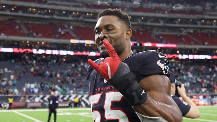 Dec 15, 2024; Houston, Texas, USA;  Houston Texans defensive end Danielle Hunter (55) reacts after a game against the Miami Dolphins at NRG Stadium. Mandatory Credit: Thomas Shea-Imagn Images