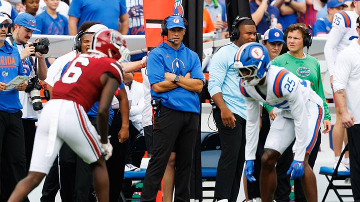 Oct 10, 2026; Gainesville, Florida, USA;  Florida Gators head coach Jon Sumrall looks on while South Carolina Gamecocks wide receiver Donovan Murph (6) and Florida Gators cornerback Cormani McClain (25) line up during the first half at Ben Hill Griffin Stadium.  Mandatory Credit: Matt Pendleton-Imagn Images