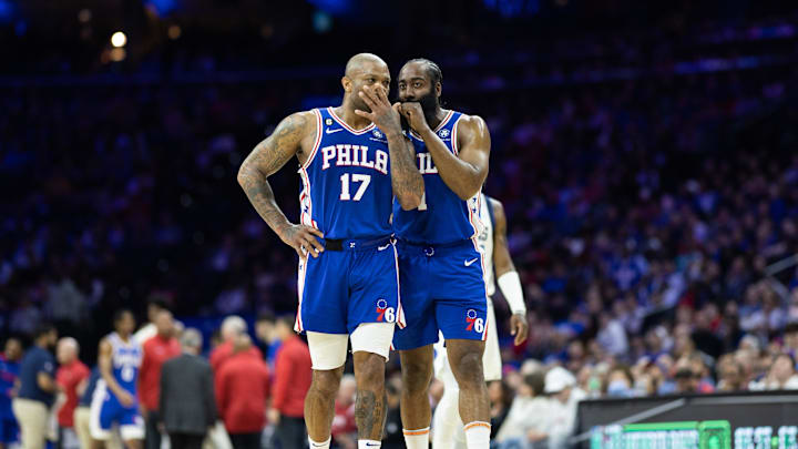 Mar 29, 2023; Philadelphia, Pennsylvania, USA; Philadelphia 76ers guard James Harden (1) and forward P.J. Tucker (17) during the first quarter against the Dallas Mavericks at Wells Fargo Center. Mandatory Credit: Bill Streicher-Imagn Images