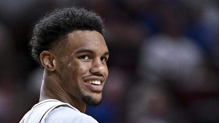 Mar 3, 2026; College Station, Texas, USA; Texas A&M Aggies guard Rylan Griffen (3) reacts during the second half against the Kentucky Wildcats at Reed Arena. Mandatory Credit: Maria Lysaker-Imagn Images 