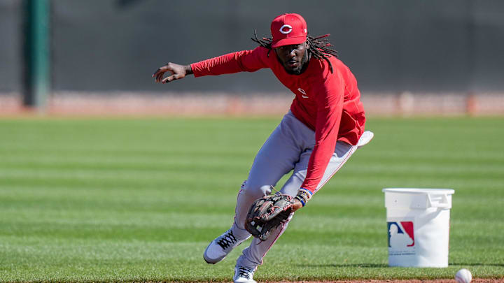 Cincinnati Reds shortstop Elly De La Cruz (44) runs drills during spring training, Friday, Feb. 21, 2025, at the Cincinnati Reds Player Development Complex in Goodyear, Ariz. Cincinnati Reds shortstop Elly De La Cruz (44) runs drills during spring training, Friday, Feb. 21, 2025, at the Cincinnati Reds Player Development Complex in Goodyear, Ariz.