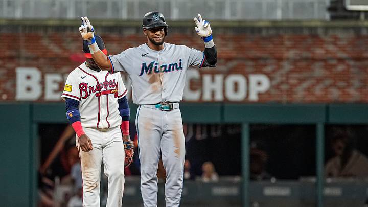 Aug 4, 2026; Cumberland, Georgia, USA; Miami Marlins shortstop Otto Lopez (6) reacts after hitting a ground rule double against the Atlanta Braves during the ninth inning at Truist Park. Mandatory Credit: Dale Zanine-Imagn Images Aug 4, 2026; Cumberland, Georgia, USA; Miami Marlins shortstop Otto Lopez (6) reacts after hitting a ground rule double against the Atlanta Braves during the ninth inning at Truist Park. Mandatory Credit: Dale Zanine-Imagn Images
