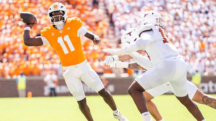 Sep 26, 2026; Knoxville, Tennessee, USA; Tennessee quarterback Faizon Brandon (11) throws the ball away during a college football game between Tennessee and Texas at Neyland Stadium in Knoxville, Tenn. on Sept. 26, 2026. Mandatory Credit: Brianna Paciorka-USA TODAY Network via Imagn Images Sep 26, 2026; Knoxville, Tennessee, USA; Tennessee quarterback Faizon Brandon (11) throws the ball away during a college football game between Tennessee and Texas at Neyland Stadium in Knoxville, Tenn. on Sept. 26, 2026. Mandatory Credit: Brianna Paciorka-USA TODAY Network via Imagn Images