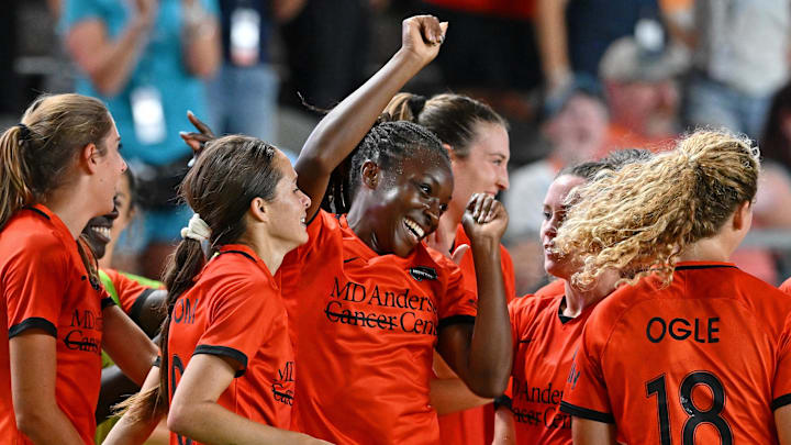 Jun 3, 2022; Houston, Texas, USA; Houston Dash forward Michelle Alozie (22) celebrates with