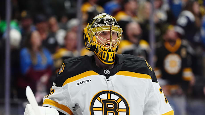 Oct 16, 2024; Denver, Colorado, USA; Boston Bruins goaltender Joonas Korpisalo (70) during the second period against the Colorado Avalanche at Ball Arena. Mandatory Credit: Ron Chenoy-Imagn Images