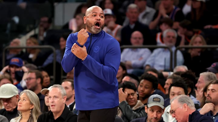Apr 21, 2025; New York, New York, USA; Detroit Pistons head coach J.B. Bickerstaff coaches against the New York Knicks during the third quarter of game two of the first round of the 2024 NBA Playoffs at Madison Square Garden. Mandatory Credit: Brad Penner-Imagn Images