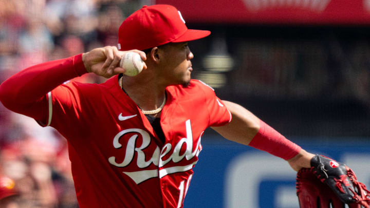 Cincinnati Reds third baseman Noelvi Marte (16) throws to first for an out in the second inning between Cincinnati Reds and Colorado Rockies at Great American Ball Park in Cincinnati on Saturday, July 12, 2025.