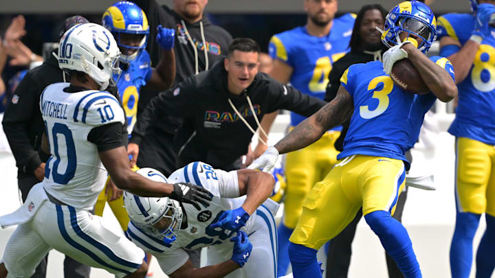 Sep 28, 2025; Inglewood, California, USA; Los Angeles Rams safety Kam Curl (3) intercepts a pass intended for Indianapolis Colts wide receiver Adonai Mitchell (10) in the first half at SoFi Stadium. Mandatory Credit: Jayne Kamin-Oncea-Imagn Images