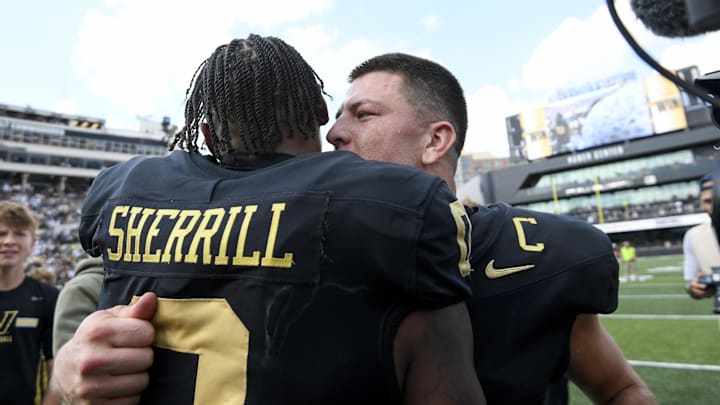 Oct 18, 2025; Nashville, Tennessee, USA;  Vanderbilt Commodores quarterback Diego Pavia (2) celebrates the win against the Louisiana State Tigers during the second half at FirstBank Stadium. Mandatory Credit: Steve Roberts-Imagn Images