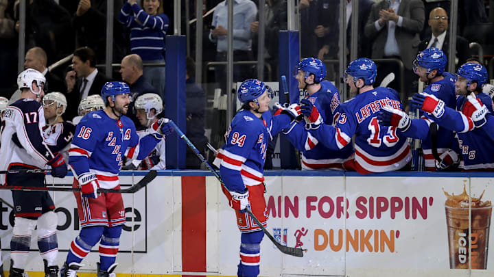 Mar 2, 2026; New York, New York, USA; New York Rangers right wing Gabe Perreault (94) celebrates his goal against the Columbus Blue Jackets with teammates during the third period at Madison Square Garden. Mandatory Credit: Brad Penner-Imagn Images Mar 2, 2026; New York, New York, USA; New York Rangers right wing Gabe Perreault (94) celebrates his goal against the Columbus Blue Jackets with teammates during the third period at Madison Square Garden. Mandatory Credit: Brad Penner-Imagn Images