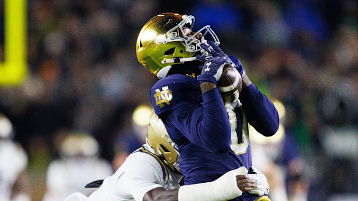 Notre Dame wide receiver Malachi Fields (0) catches a pass during the first half of a NCAA football game against Navy at Notre Dame Stadium on Saturday, Nov. 8, 2025, in South Bend.