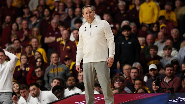 Mar 7, 2026; Minneapolis, Minnesota, USA; Minnesota Golden Gophers head coach Niko Medved looks on during the second half against the Northwestern Wildcats at Williams Arena. Mandatory Credit: Matt Krohn-Imagn Images