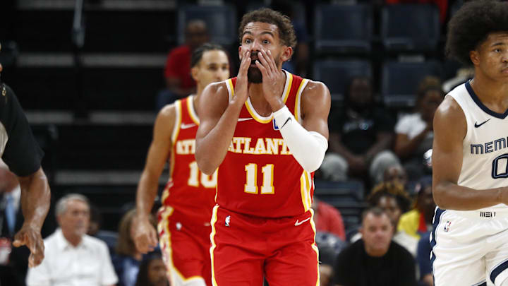 Oct 11, 2025; Memphis, Tennessee, USA; Atlanta Hawks guard Trae Young (11) reacts during the third quarter against the Memphis Grizzlies at FedExForum. Mandatory Credit: Petre Thomas-Imagn Images