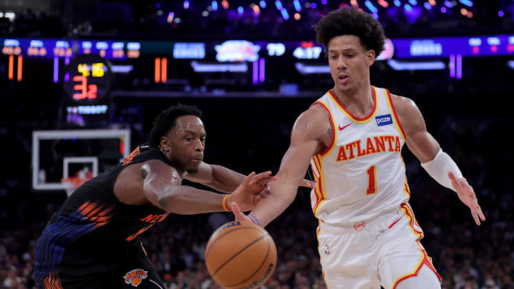 Apr 28, 2026; New York, New York, USA; Atlanta Hawks forward Jalen Johnson (1) controls the ball against New York Knicks forward OG Anunoby (8) during the third quarter of game five of the first round of the 2026 NBA Playoffs at Madison Square Garden. Mandatory Credit: Brad Penner-Imagn Images