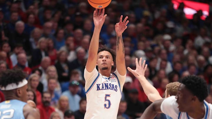 Kansas Jayhawks guard Zeke Mayo (5) shoots for three against North Carolina Tar Heels in the first half of the game inside Allen Fieldhouse Friday, Nov. 8, 2024.