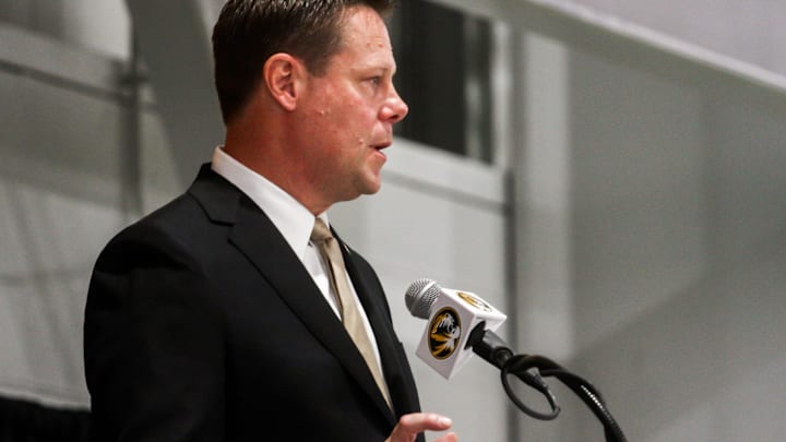 New Missouri athletic director Laird Veatch speaks during a press conference inside Stephens Indoor Facility on April 26, 2024 in Columbia, Mo. New Missouri athletic director Laird Veatch speaks during a press conference inside Stephens Indoor Facility on April 26, 2024 in Columbia, Mo.