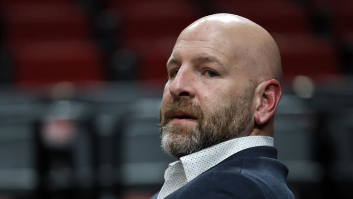 Mar 1, 2023; Portland, Oregon, USA; Portland Trail Blazers general manager Joe Cronin looks on during warm ups before the game against the New Orleans Pelicans at Moda Center. Mandatory Credit: Soobum Im-USA TODAY Sports