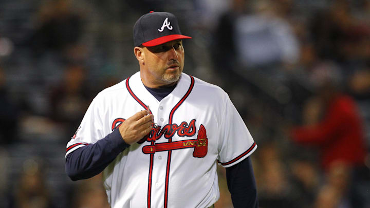 May 6, 2016; Atlanta, GA, USA; Atlanta Braves manager Fredi Gonzalez (33) walks back to the dugout in the sixth inning against the Arizona Diamondbacks at Turner Field. Mandatory Credit: Brett Davis-Imagn Images