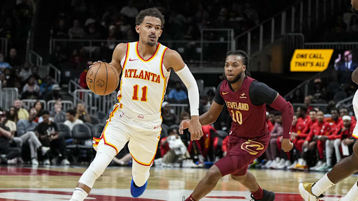 Oct 10, 2023; Atlanta, Georgia, USA; Atlanta Hawks guard Trae Young (11) dribbles past Cleveland Cavaliers guard Darius Garland (10) during the first half at State Farm Arena. Mandatory Credit: Dale Zanine-Imagn Images Oct 10, 2023; Atlanta, Georgia, USA; Atlanta Hawks guard Trae Young (11) dribbles past Cleveland Cavaliers guard Darius Garland (10) during the first half at State Farm Arena. Mandatory Credit: Dale Zanine-Imagn Images