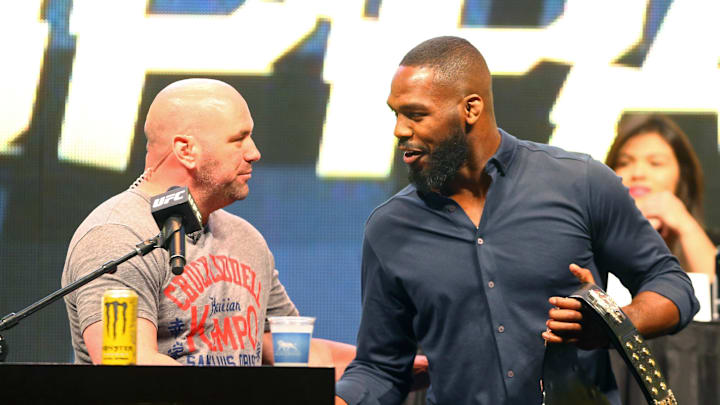 Mar 4, 2016; Las Vegas, NV, USA; UFC president Dana White (left) greets fighter Jon Jones during a press conference prior to weigh-ins for UFC 196 at MGM Grand Garden Arena. Mandatory Credit: Mark J. Rebilas-Imagn Images