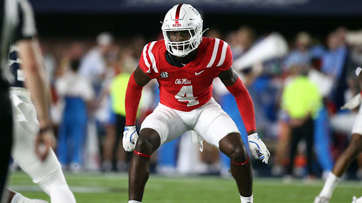 Sep 21, 2024; Oxford, Mississippi, USA; Mississippi Rebels linebacker Suntarine Perkins (4) rushes during the first half against the Georgia Southern Eagles at Vaught-Hemingway Stadium. Mandatory Credit: Petre Thomas-Imagn Images