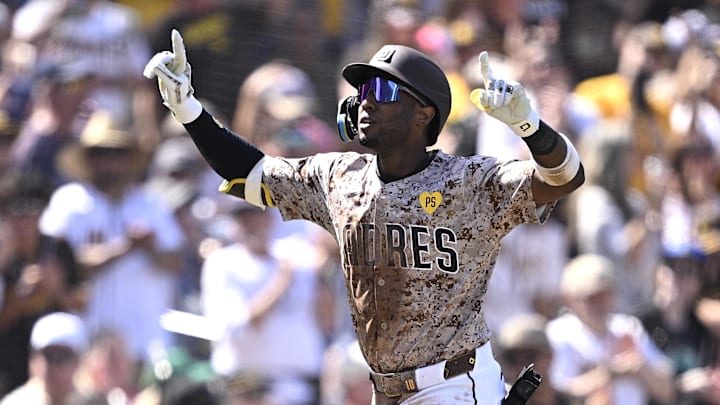 Sep 22, 2024; San Diego, California, USA; San Diego Padres left fielder Jurickson Profar (10) rounds the bases after hitting a home run against the Chicago White Sox during the third inning at Petco Park. Mandatory Credit: Orlando Ramirez-Imagn Images