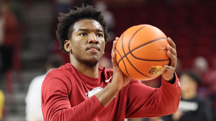 Arkansas Razorbacks wing Karter Knox prior to the game against the Vanderbilt Commodores at Bud Walton Arena in Fayetteville, Ark.