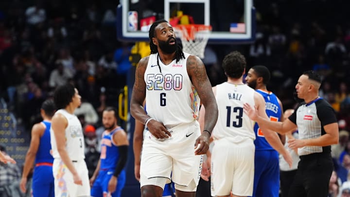 Nov 25, 2024; Denver, Colorado, USA; Denver Nuggets center DeAndre Jordan (6) leaves the court in the fourth quarter against the New York Knicks at Ball Arena. Mandatory Credit: Ron Chenoy-Imagn Images Nov 25, 2024; Denver, Colorado, USA; Denver Nuggets center DeAndre Jordan (6) leaves the court in the fourth quarter against the New York Knicks at Ball Arena. Mandatory Credit: Ron Chenoy-Imagn Images