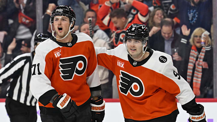 Nov 20, 2025; Philadelphia, Pennsylvania, USA; Philadelphia Flyers right wing Tyson Foerster (71) celebrates his goal with defenseman Jamie Drysdale (9) against the St. Louis Blues during the third period at Xfinity Mobile Arena. Mandatory Credit: Eric Hartline-Imagn Images