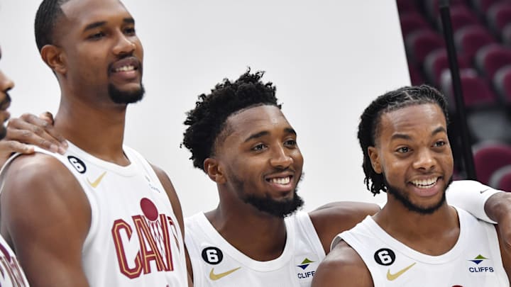 Cleveland Cavaliers center Evan Mobley, guard Donovan Mitchell and guard Darius Garland. Cleveland Cavaliers center Evan Mobley, guard Donovan Mitchell and guard Darius Garland.