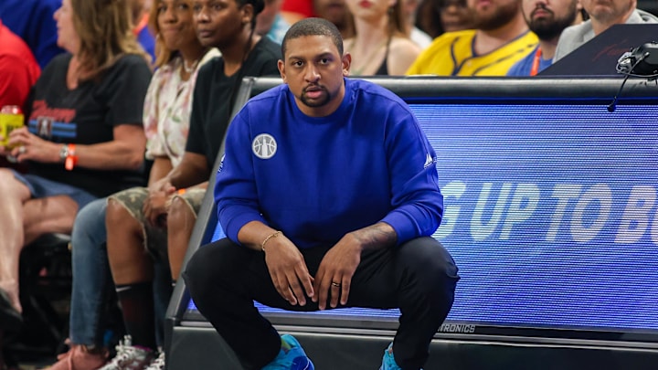 Jun 22, 2025; College Park, Georgia, USA; Chicago Sky head coach Tyler Marsh on the sideline against the Atlanta Dream in the second quarter at Gateway Center Arena at College Park. Mandatory Credit: Brett Davis-Imagn Images