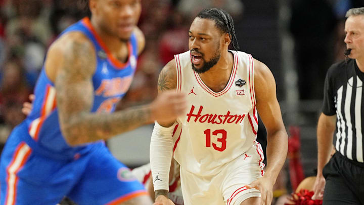 Apr 7, 2025; San Antonio, TX, USA; Houston Cougars forward J'Wan Roberts (13) reacts after a play against the Florida Gators during the second half of the national championship game of the Final Four of the 2025 NCAA Tournament at the Alamodome. Mandatory Credit: Bob Donnan-Imagn Images