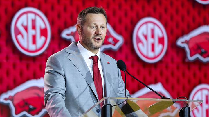 Jul 23, 2026; Tampa, FL, USA; Arkansas Razorbacks head coach Ryan Silverfield speaks to the press during SEC Football Kickoff Media Day at the Tampa Marriott. Mandatory Credit: Nathan Ray Seebeck-Imagn Images