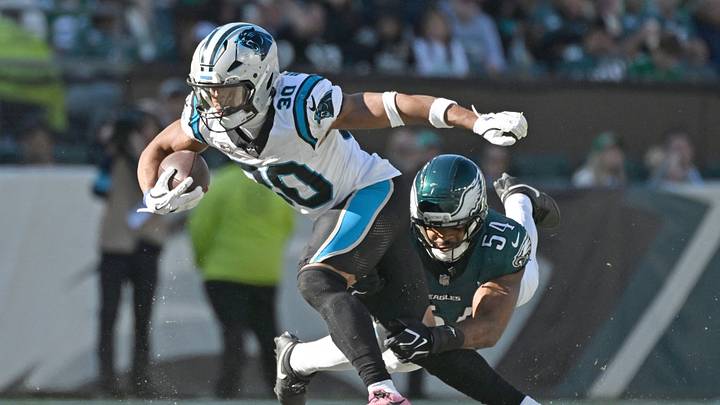 Oct 18, 2026; Philadelphia, Pennsylvania, USA; Carolina Panthers running back Chuba Hubbard (30) is tackled by Philadelphia Eagles linebacker Jeremiah Trotter Jr. (54) during the second half at Lincoln Financial Field. Mandatory Credit: Eric Hartline-Imagn Images Oct 18, 2026; Philadelphia, Pennsylvania, USA; Carolina Panthers running back Chuba Hubbard (30) is tackled by Philadelphia Eagles linebacker Jeremiah Trotter Jr. (54) during the second half at Lincoln Financial Field. Mandatory Credit: Eric Hartline-Imagn Images