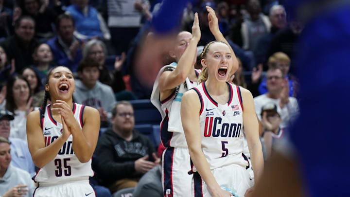 Jan 19, 2025; Storrs, Connecticut, USA; UConn Huskies guard Paige Bueckers (5) and guard Azzi Fudd (35) react after a basket against the Seton Hall Pirates in the second half at Harry A. Gampel Pavilion. Mandatory Credit: David Butler II-Imagn Images Jan 19, 2025; Storrs, Connecticut, USA; UConn Huskies guard Paige Bueckers (5) and guard Azzi Fudd (35) react after a basket against the Seton Hall Pirates in the second half at Harry A. Gampel Pavilion. Mandatory Credit: David Butler II-Imagn Images