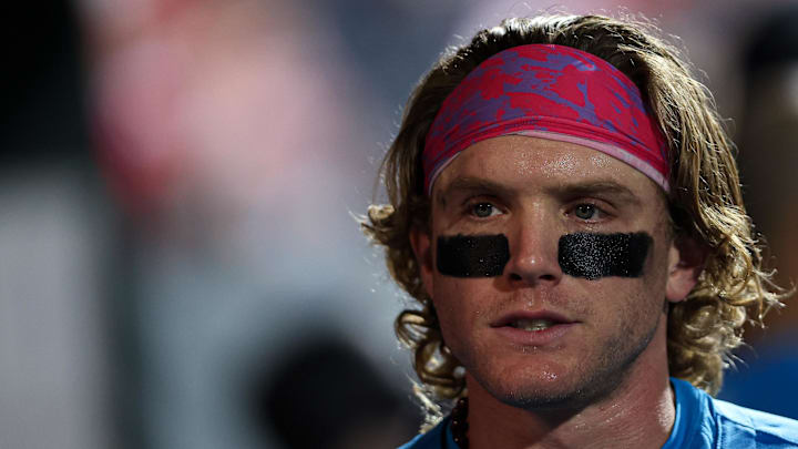 Sep 12, 2025; Philadelphia, Pennsylvania, USA; Philadelphia Phillies outfielder Harrison Bader (2) in the dugout after scoring against the Kansas City Royals during the fourth inning at Citizens Bank Park. Mandatory Credit: Bill Streicher-Imagn Images