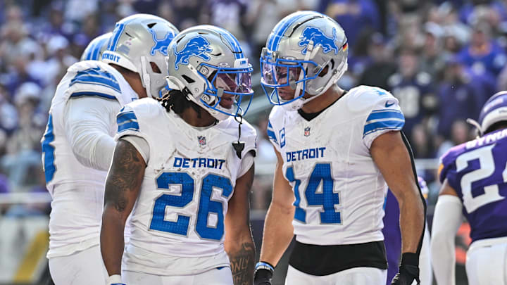 Oct 20, 2024; Minneapolis, Minnesota, USA; Detroit Lions running back Jahmyr Gibbs (26) reacts with wide receiver Amon-Ra St. Brown (14) after running for an 8 yard touchdown during the second quarter against the Minnesota Vikings at U.S. Bank Stadium. Mandatory Credit: Jeffrey Becker-Imagn Images Oct 20, 2024; Minneapolis, Minnesota, USA; Detroit Lions running back Jahmyr Gibbs (26) reacts with wide receiver Amon-Ra St. Brown (14) after running for an 8 yard touchdown during the second quarter against the Minnesota Vikings at U.S. Bank Stadium. Mandatory Credit: Jeffrey Becker-Imagn Images