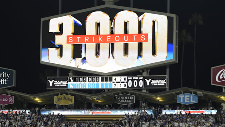 Jul 2, 2025; Los Angeles, California, USA;  The scoreboard displays the strikeout record achieved by Los Angeles Dodgers starting pitcher Clayton Kershaw (22)