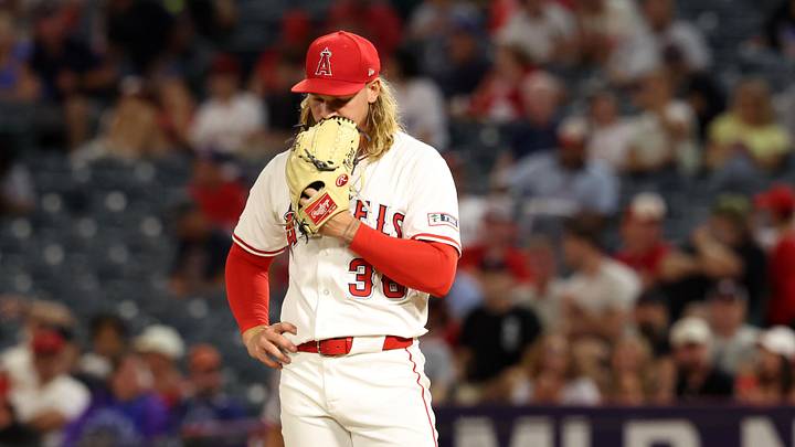 Sep 8, 2025; Anaheim, California, USA;  Los Angeles Angels starting pitcher Caden Dana (36) looks on during the fifth inning against the Minnesota Twins at Angel Stadium. Mandatory Credit: Kiyoshi Mio-Imagn Images