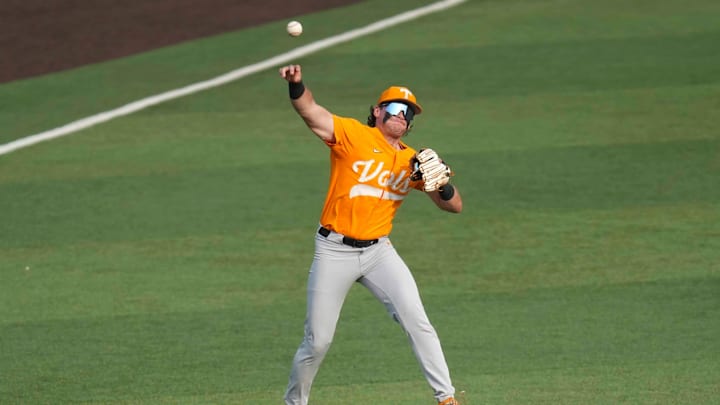 Tennessee infielder Gavin Kilen (6) throws the ball to first base during a NCAA regional baseball game between the Tennessee Volunteers and Cincinnati Bearcats at Lindsey Nelson Stadium in Knoxville, Tenn., on May 31, 2025. Tennessee infielder Gavin Kilen (6) throws the ball to first base during a NCAA regional baseball game between the Tennessee Volunteers and Cincinnati Bearcats at Lindsey Nelson Stadium in Knoxville, Tenn., on May 31, 2025.