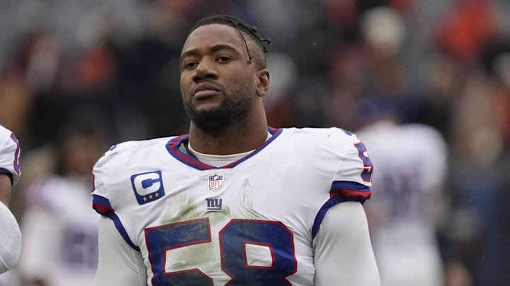 Nov 9, 2025; Chicago, Illinois, USA; New York Giants linebacker Bobby Okereke (58) leaves the field after losing to the Chicago Bears at Soldier Field. Mandatory Credit: David Banks-Imagn Images