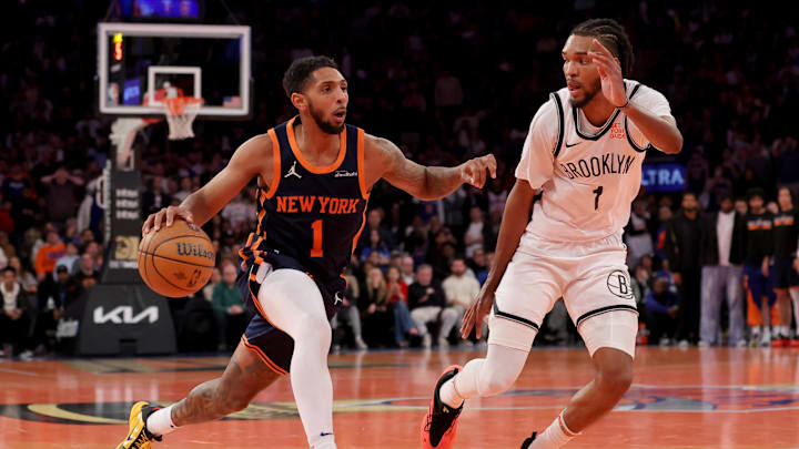 Nov 15, 2024; New York, New York, USA; New York Knicks guard Cameron Payne (1) drives to the basket against Brooklyn Nets forward Ziaire Williams (1) during the fourth quarter at Madison Square Garden. Mandatory Credit: Brad Penner-Imagn Images Nov 15, 2024; New York, New York, USA; New York Knicks guard Cameron Payne (1) drives to the basket against Brooklyn Nets forward Ziaire Williams (1) during the fourth quarter at Madison Square Garden. Mandatory Credit: Brad Penner-Imagn Images