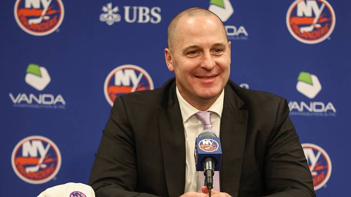 Nov 22, 2025; Elmont, New York, USA; New York Islanders General Manager Mathieu Darche speaks with fans at a pre-game event prior to the game against the St. Louis Blues at UBS Arena. Mandatory Credit: Wendell Cruz-Imagn Images