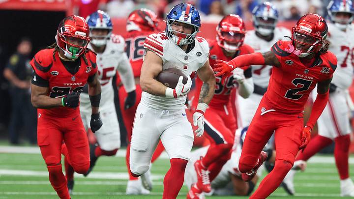 Oct 25, 2026; Houston, Texas, USA;  New York Giants running back Cam Skattebo (44) runs with the ball during overtime against the Houston Texans at Reliant Stadium.  Mandatory Credit: Troy Taormina-Imagn Images